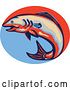 Vector Clip Art of Retro Jumping Atlantic Salmon over a Red and Blue Oval by Patrimonio