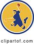 Vector Clip Art of Retro Jumping Male Handball Player Preparing to Throw the Ball in a Blue White and Yellow Circle by Patrimonio