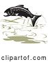 Vector Clip Art of Retro Jumping Salmon and Green Mountainous Lake by Patrimonio