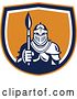Vector Clip Art of Retro Knight in Full Armor, Holding Paint Brush in an Orange Blue and White Shield by Patrimonio