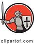 Vector Clip Art of Retro Knight in Full Armor, Holding up a Sword and Shield, Emerging from a Black White and Red-orange Circle by Patrimonio