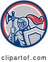 Vector Clip Art of Retro Knight with an Axe and Shield in a Red White and Gray Circle by Patrimonio