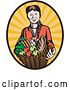 Vector Clip Art of Retro Lady Holding a Harvest Basket over Rays by Patrimonio