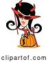 Vector Clip Art of Retro Lady in a Devil Costume, Sitting on a Halloween Pumpkin by Andy Nortnik