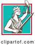 Vector Clip Art of Retro Lady Justice Wearing a Crown, Holding a Sword and Scales in a Square by Patrimonio