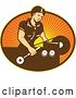 Vector Clip Art of Retro Lady Operating a Lathe Machine over Rays by Patrimonio