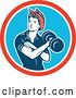 Vector Clip Art of Retro Lady, Rosie the Riveter, Rolling up a Sleeve and Working Out, Doing Bicep Curls with a Dumbbell in a Red White and Blue Circle by Patrimonio