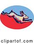 Vector Clip Art of Retro Leaping Rabbit over a Blue and Red Oval by Patrimonio