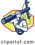 Vector Clip Art of Retro Lineman Worker Carrying a Pole and Cable over Rays by Patrimonio