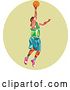 Vector Clip Art of Retro Low Poly White Male Basketball Player Doing a Layup in a Green Oval by Patrimonio