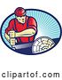 Vector Clip Art of Retro Lumberjack Guy Sawing a Log over Blue Rays by Patrimonio