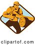 Vector Clip Art of Retro Lumberjack Logger Guy Using a Crosscut Saw in a Yellow Brown White and Blue Sunny Diamond by Patrimonio