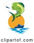 Vector Clip Art of Retro Mahi Mahi Dolphin Fish Jumping to Bite a Lure with a Boat at Sunset by Patrimonio