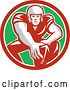 Vector Clip Art of Retro Male American Football Player in Snap Position in a Red White and Green Circle by Patrimonio