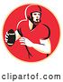 Vector Clip Art of Retro Male American Football Player Shouting and Passing the Ball in a Pastel Orange and Red Circle by Patrimonio