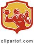Vector Clip Art of Retro Male American Football Player Throwing in a Red White and Yellow Shield by Patrimonio