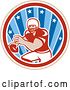Vector Clip Art of Retro Male American Football Player Throwing in a Tan White Red and Blue Star Circle by Patrimonio