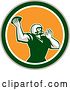 Vector Clip Art of Retro Male American Football Player Throwing in a Yellow White Tan and Green Circle by Patrimonio