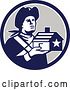 Vector Clip Art of Retro Male American Patriot Soldier Holding a Home in a Blue White and Gray Circle by Patrimonio