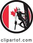 Vector Clip Art of Retro Male Arborist Climbing a Pole with a Chainsaw in a Canadian Flag Circle by Patrimonio