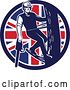 Vector Clip Art of Retro Male Arborist Climbing a Pole with a Chainsaw in a Union Jack Flag Circle by Patrimonio
