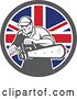 Vector Clip Art of Retro Male Arborist Starting up a Chainsaw in a British Flag Circle by Patrimonio