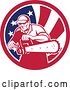 Vector Clip Art of Retro Male Arborist Starting up a Chainsaw in an American Flag Circle by Patrimonio