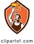 Vector Clip Art of Retro Male Athlete Holding up a Torch in a Brown White and Orange Shield by Patrimonio