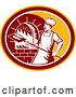 Vector Clip Art of Retro Male Baker Cooking Bread in a Wood Fired Brick Oven in a Yellow Maroon and White Oval by Patrimonio