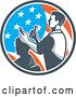 Vector Clip Art of Retro Male Barber Cutting a Client's Hair with Clippers in an American Flag Circle by Patrimonio