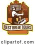 Vector Clip Art of Retro Male Bartender Putting a Beer on Top of a Brew Tour Van in a Cityscape Crest by Patrimonio