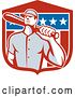 Vector Clip Art of Retro Male Baseball Player with a Bat over an American Flag Shield by Patrimonio