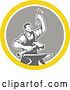 Vector Clip Art of Retro Male Blacksmith Holding up Pliers over a Sledgehammer and Anvil in a Yellow White and Gray Circle by Patrimonio