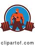 Vector Clip Art of Retro Male Bodybuilder Holding a Heavy Barbell in a Brown White and Blue Circle by Patrimonio