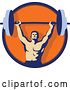 Vector Clip Art of Retro Male Bodybuilder Holding a Heavy Barbell over His Head Inside a Blue and Orange Circle by Patrimonio