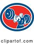 Vector Clip Art of Retro Male Bodybuilder Squatting with a Barbell in a Red White and Blue Oval by Patrimonio