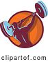 Vector Clip Art of Retro Male Bodybuilder Swinging a Barbell in a Purple and Orange Circle by Patrimonio