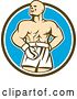 Vector Clip Art of Retro Male Boxer Champion Shouting in a Brown White and Blue Circle by Patrimonio