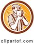 Vector Clip Art of Retro Male Camera Guy Filming in a Tan Brown White and Orange Ray Circle by Patrimonio