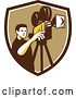 Vector Clip Art of Retro Male Cameraman Filming in a Brown White and Tan Shield by Patrimonio