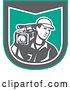 Vector Clip Art of Retro Male Cameraman Recording in a Green and Gray Shield by Patrimonio