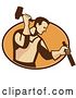Vector Clip Art of Retro Male Carpenter Holding a Hammer and Chisel in a Brown and Orange Oval by Patrimonio