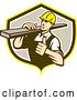Vector Clip Art of Retro Male Carpenter Holding a Thumb up and Carrying Lumber in a Shield by Patrimonio