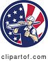 Vector Clip Art of Retro Male Carpenter Holding a Thumb up and Carrying Lumber in an American Flag Circle by Patrimonio