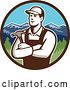 Vector Clip Art of Retro Male Carpenter with Folded Arms, Holding a Hammer in a Circle of Mountains by Patrimonio