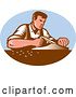 Vector Clip Art of Retro Male Carpenter Working with Smooth Plane over a Blue Oval by Patrimonio