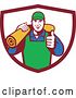 Vector Clip Art of Retro Male Carpet Layer Giving a Thumb up and Carrying a Roll in a Shield by Patrimonio