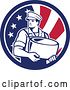 Vector Clip Art of Retro Male Cheesemaker Holding a Parmesan Round in an American Flag Circle by Patrimonio