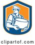 Vector Clip Art of Retro Male Cheesemaker Holding a Parmesan Round in an Orange Blue and White Shield by Patrimonio