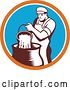 Vector Clip Art of Retro Male Cheesemaker Pouring a Bucket of Curd and Whey into a Vat in an Orange White and Blue Circle by Patrimonio